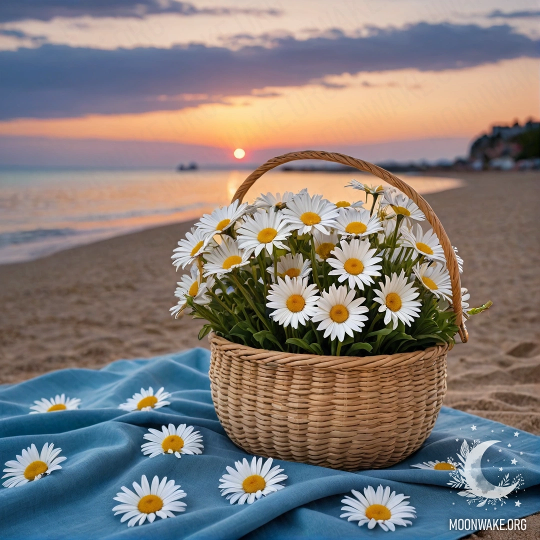 Соломенная сумка с голубой скатертью и ромашками на песчаном пляже на закате, с видом на море.