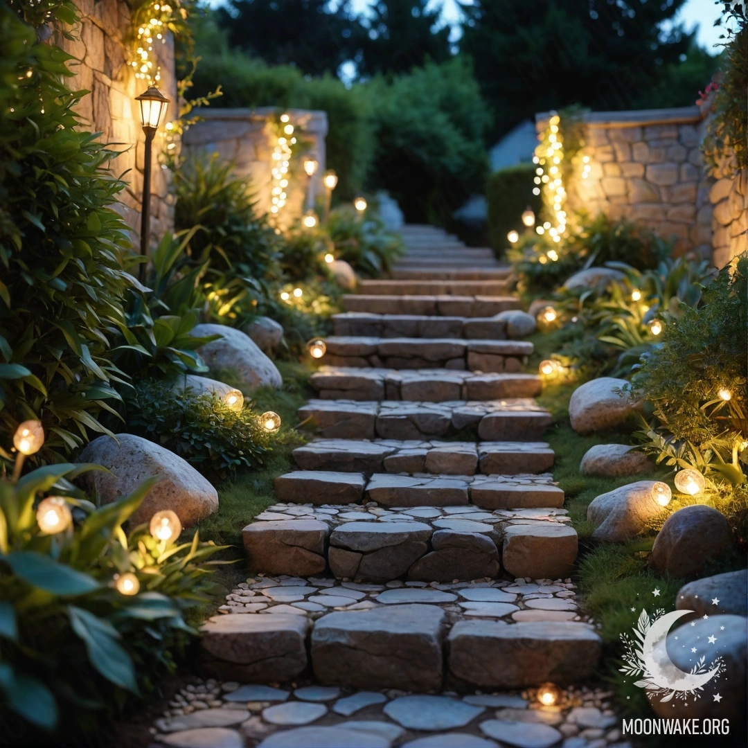 Спокойная садовая аллея, выложенная камнями, и деревянная лестница, украшенные световыми гирляндами на закате.
