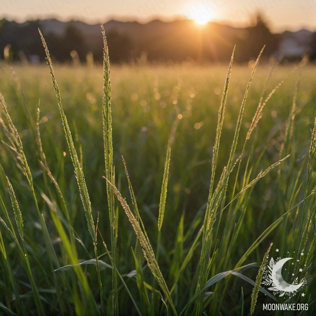 Крупный план травы на спокойном поле, озарённом мягким бokeh заката.