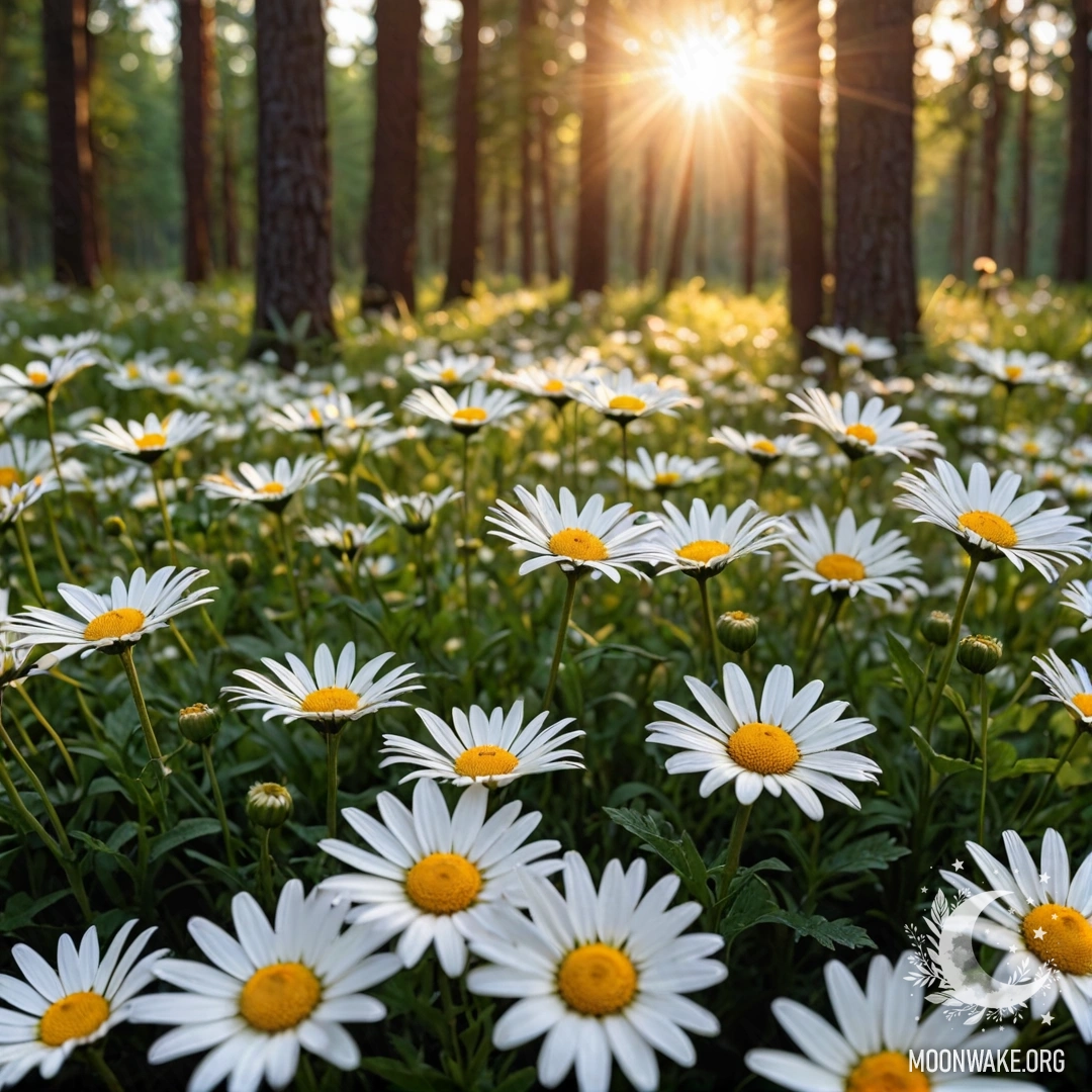 Закатное свет сквозь деревья в лесу с близким изображением ромашек.