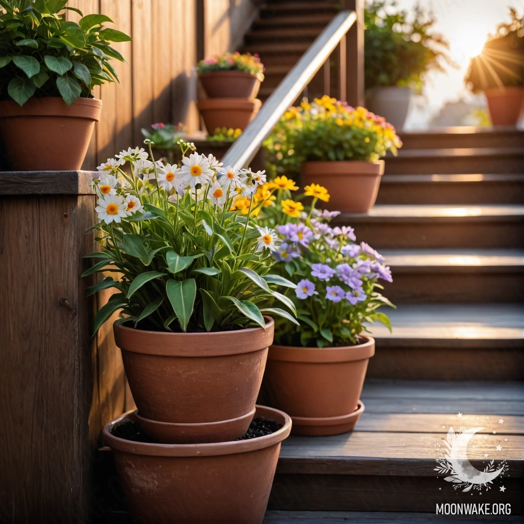 Спокойная деревянная лестница, украшенная цветочными горшками на закате.