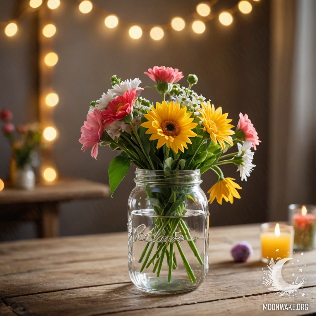 Старый деревянный стол с банкой цветов и мягким фоном в виде боке