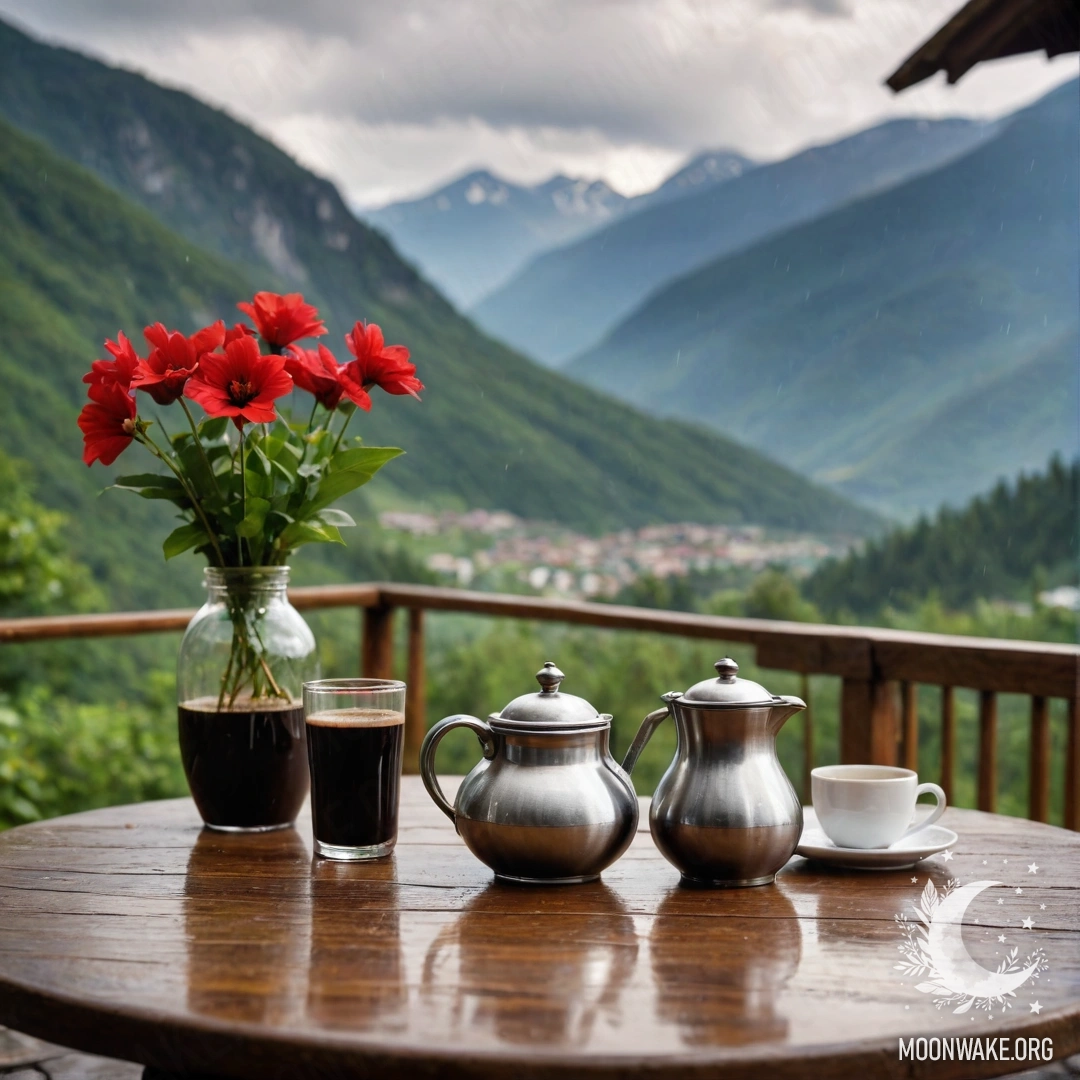 Деревянный стол с красными цветами, кофейником и чашками под дождем на фоне гор.