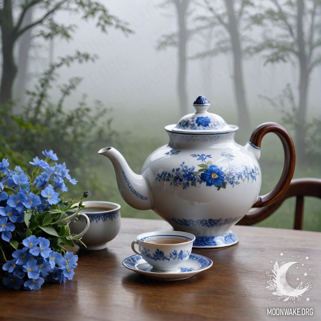 Круглый деревянный стол, на котором стоит фарфоровый чайник с синими цветами, окруженный плотным туманом.