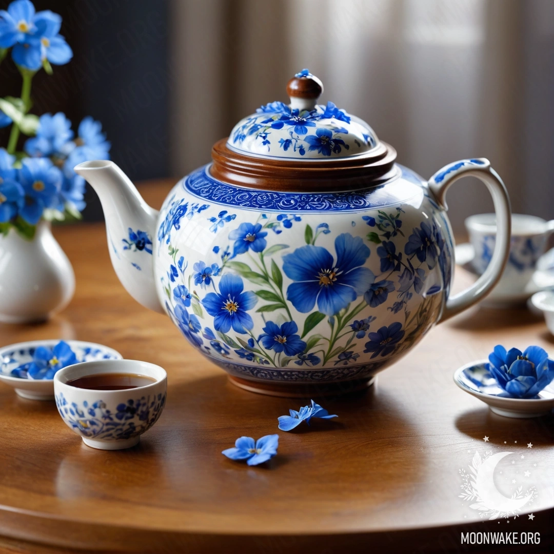 Металлический чайник с узорами на shabby деревянном подоконнике, окружённый ромашками и подсвеченный гирляндой огней.