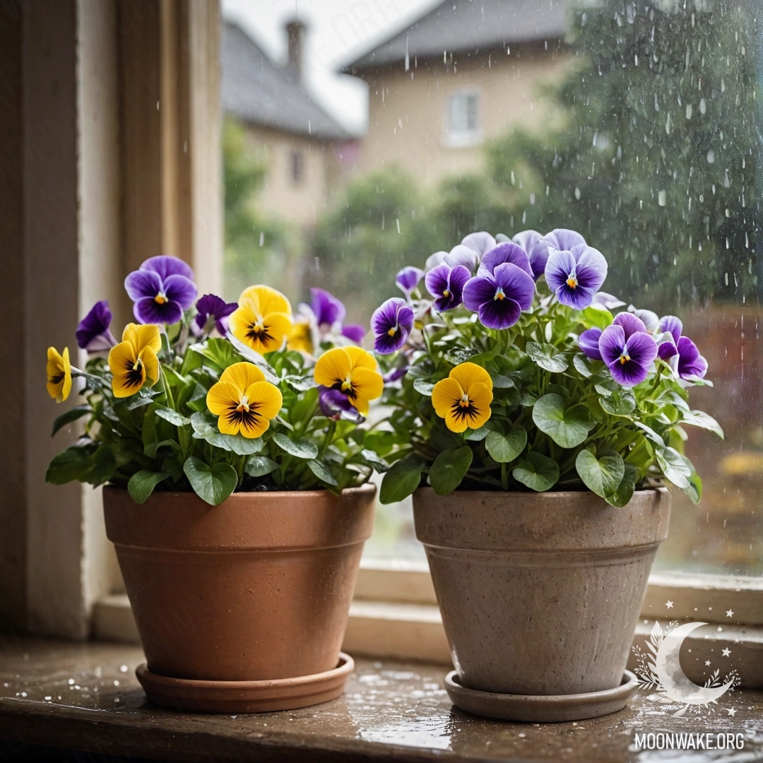 Винтажные цветочные горшки с анютиными глазками на потертой подоконнике под дождём.
