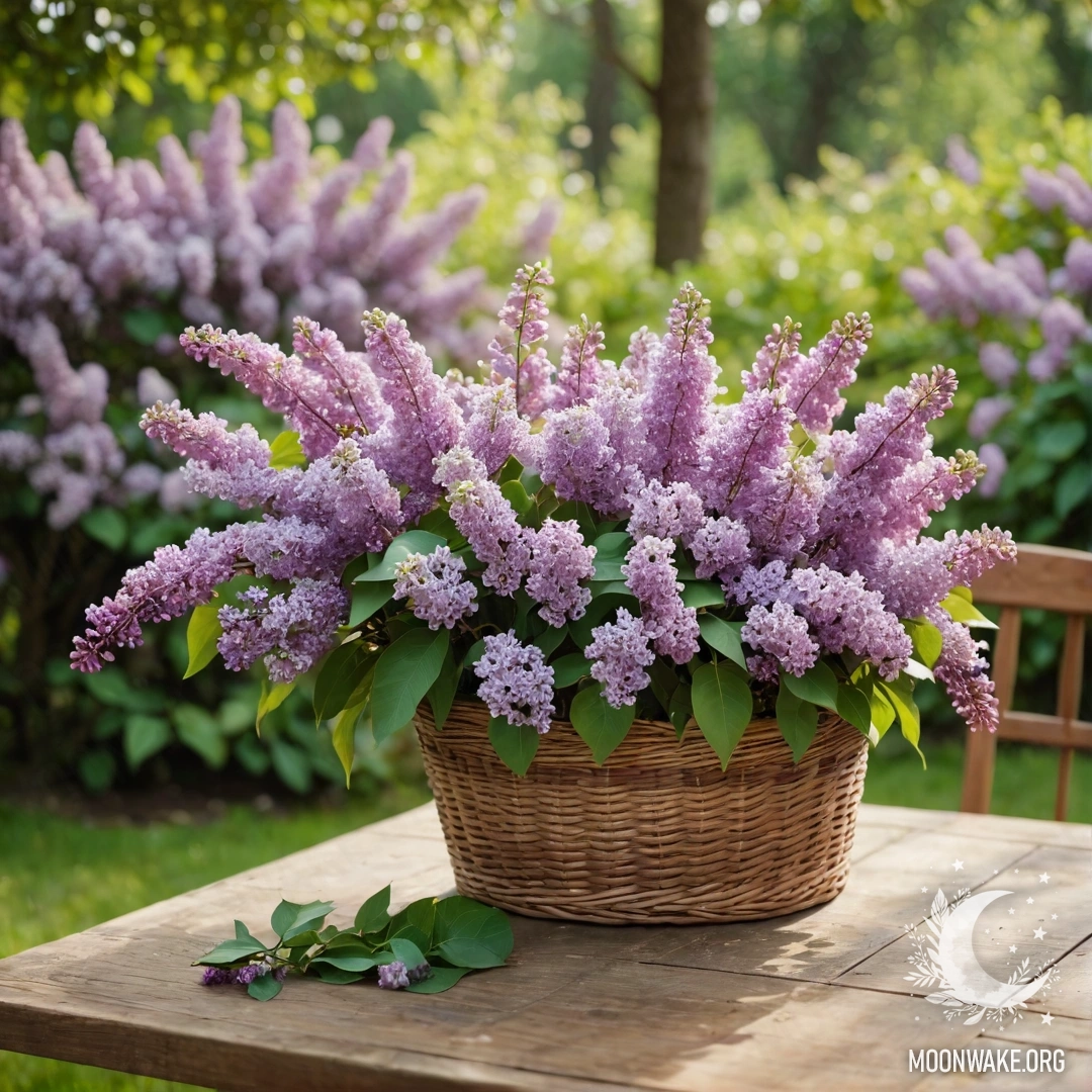 Винтажный деревянный стол с корзиной сиреневых цветов в зеленом саду.