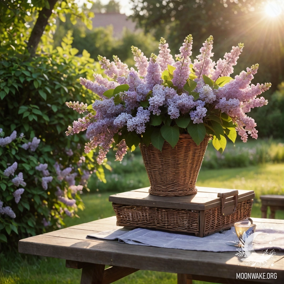 Винтажный деревянный стол с корзиной сиреней в спокойном саду на закате.