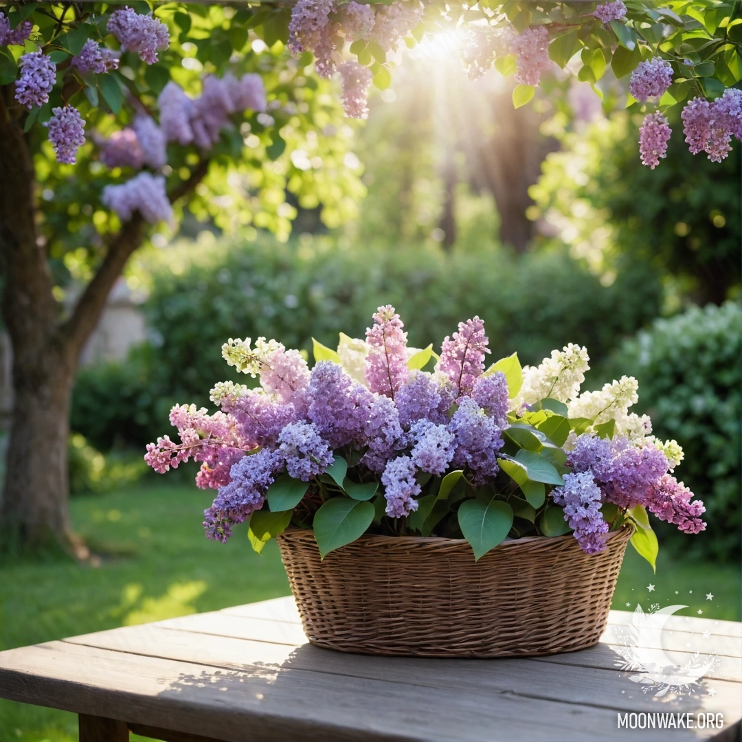 Винтажный деревянный стол в саду с корзиной сиреней и гирляндами огней.