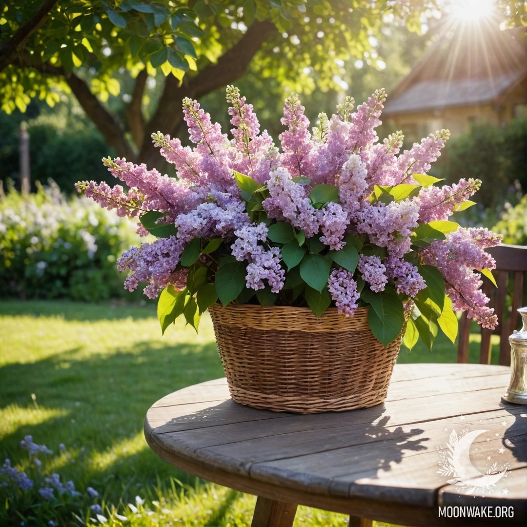 Деревянный стол, окружанный сиренью, купающийся в лучах солнца в саду.