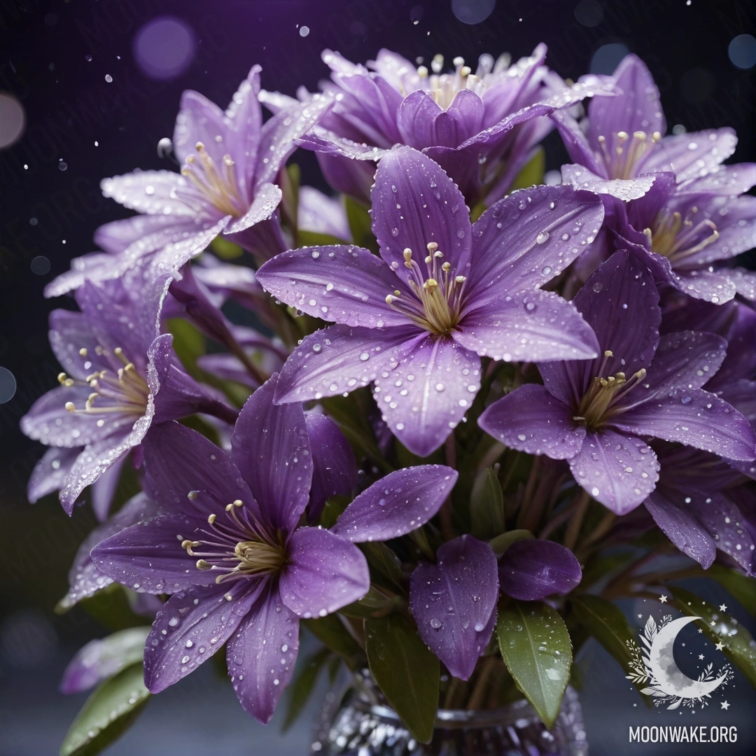 Спокойный букет оливкового цвета, украшенный каплями росы под ночным небом.