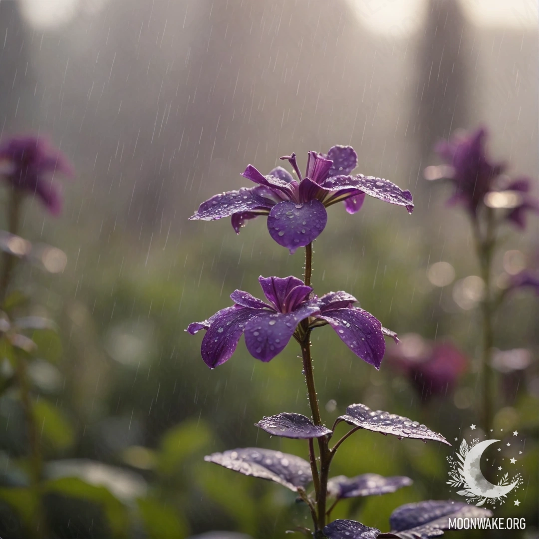 Спокойная фиолетовая сцена, окутанная туманом и дождём, освещенная солнечными лучами.