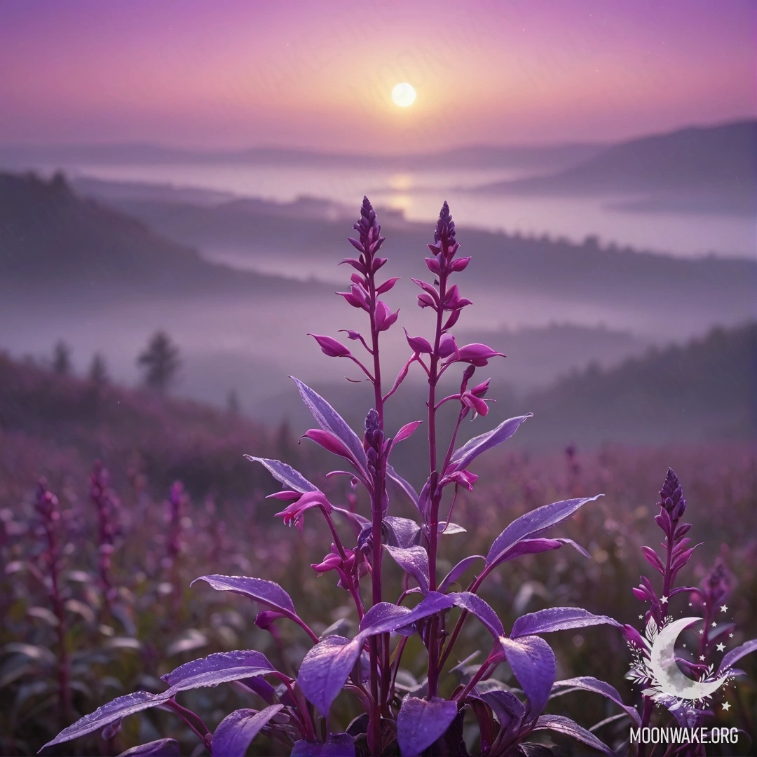 Умиротворяющий пейзаж с фиолетовым туманом на закате, посыпанный фуксиевыми блёстками.