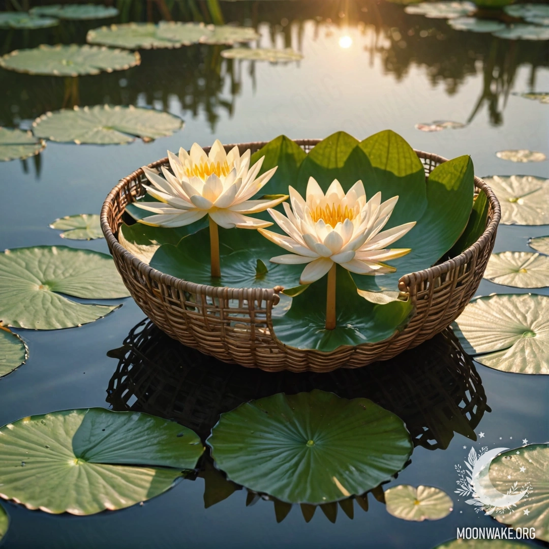 Спокойная лилия с паутиной в зеленом корзине на закате.