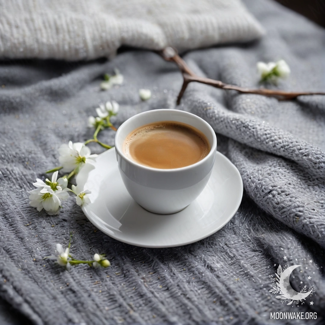 Крупным планом спокойный белый стул с серым вязаным пледом, книгой, веткой белых цветов и чашкой кофе в дождливый день.