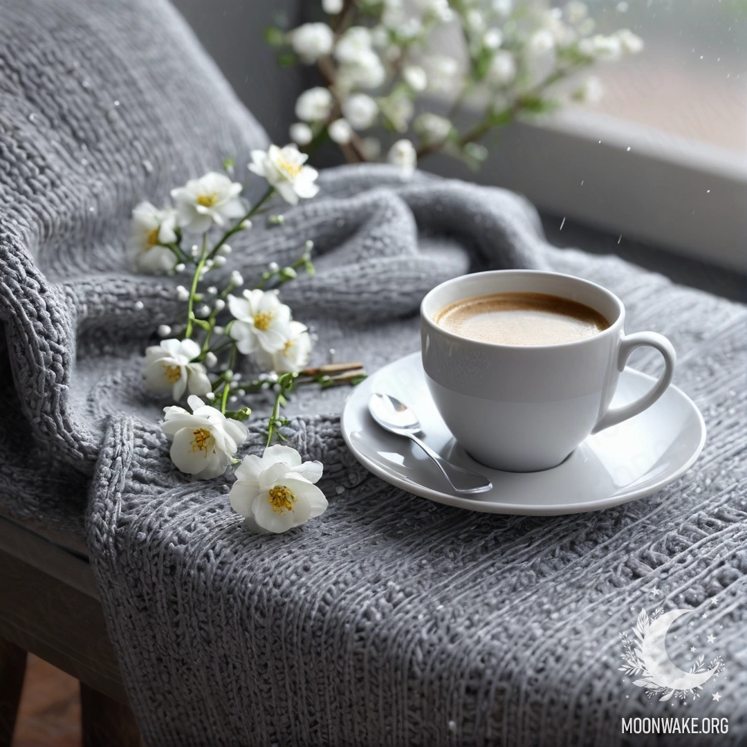 Спокойное белое кресло с серым вязаным пледом, книгой, белой чашкой кофе и веточкой с белыми цветами под дождем.