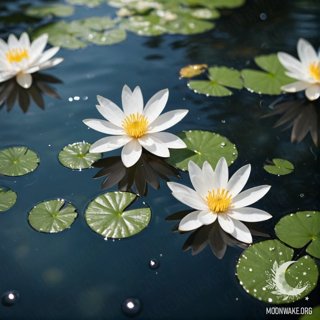 Белые цветы, мирно плавающие на спокойной водной поверхности, отражая свет.