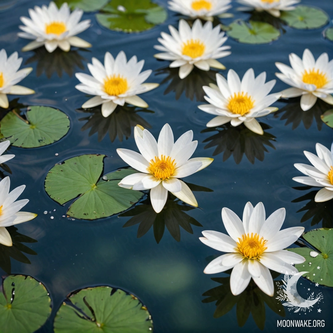 Фотореалистичное изображение спокойных белых цветов, плавающих на поверхности воды, размыленных эффектом линзы.