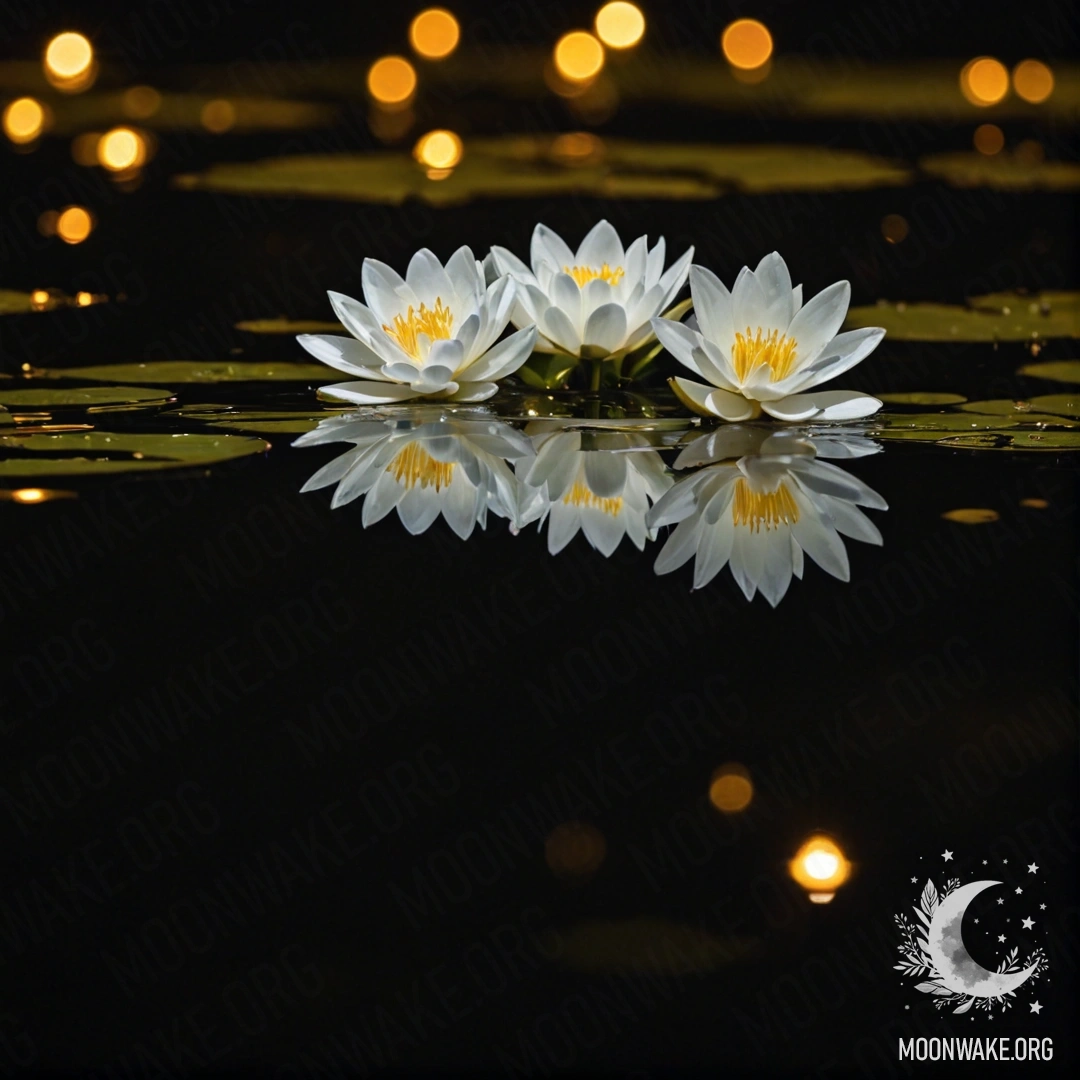 Нежные белые цветы, спокойно плавающие на темной поверхности воды ночью.