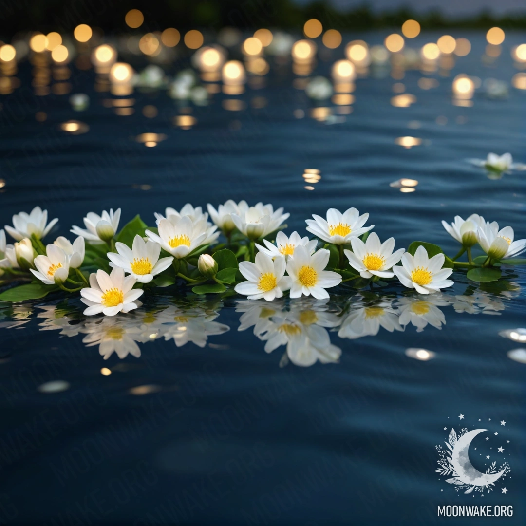 Спокойная сцена с белыми цветами, плавающими на гладкой поверхности воды, освещенной мягким светом гирлянды.