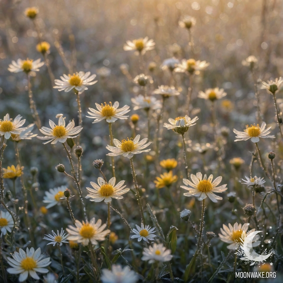 Морозные цветы желтого цвета с японской каллиграфией на фоне заката.
