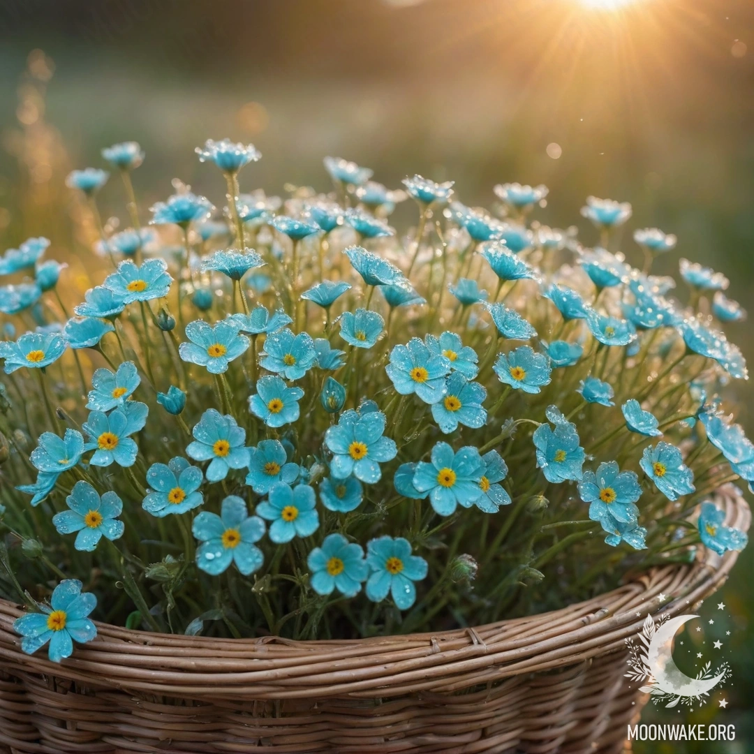 Корзина, наполненная спокойными полевыми цветами, украшенными каплями росы на закате, с аквамариновыми оттенками.