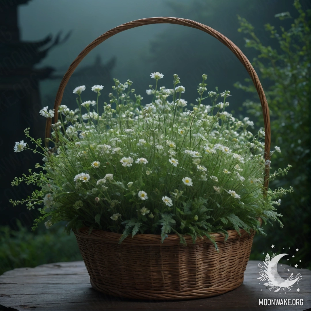 Спокойные полевые цветы в зеленой корзине, окутанные ночным туманом.