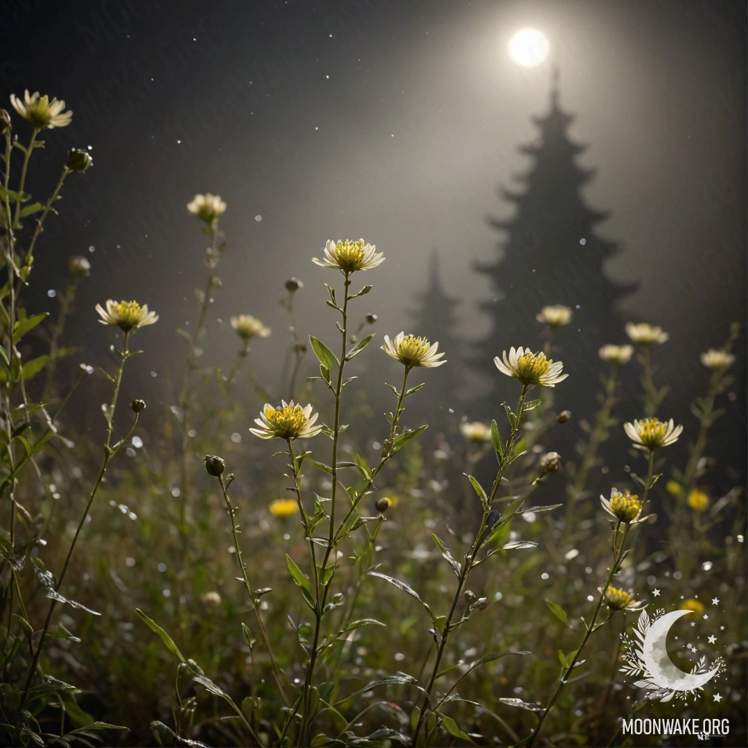 Дикие цветы в тусклом ночном свете, сверкающие блестками.