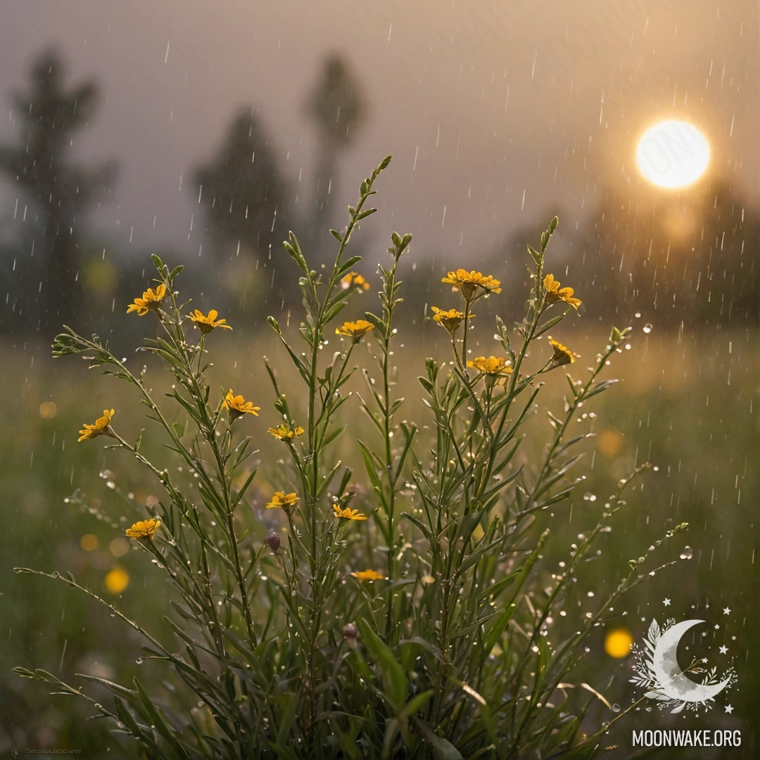 Букет спокойных дикорастущих цветов оливкового цвета, промокающий под нежным дождем на закате, создавая безмятежную и романтичную атмосферу.