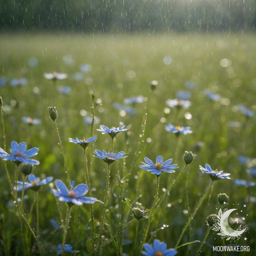 Крупный план спокойных полевых цветов, нежно колышущихся под дождем, с золотистыми лучами солнца, проникающими через облака.