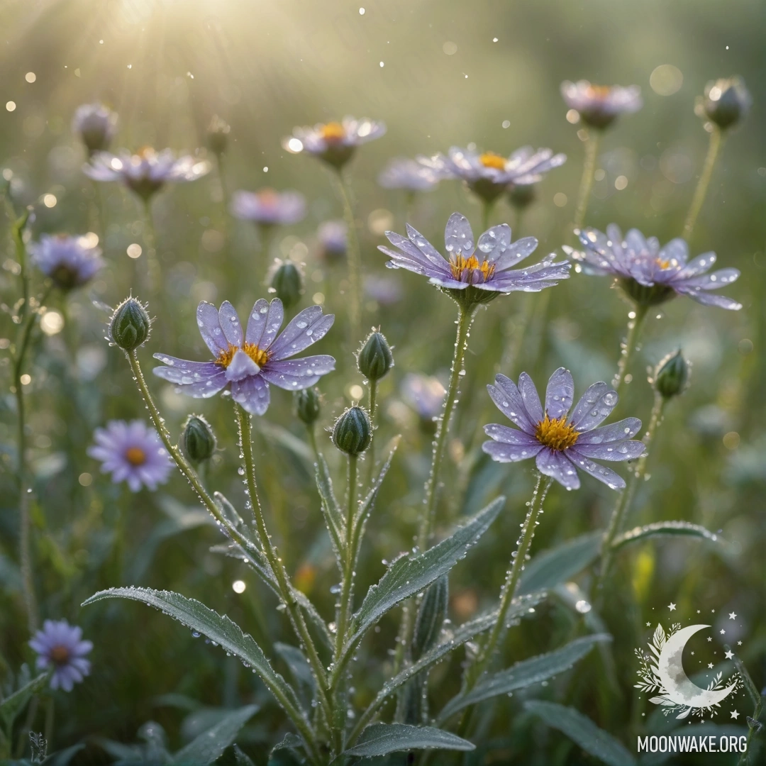 Спокойная цифровая картина с полевыми цветами, покрытыми росой, в цвете шалфея, украшенная стразами.