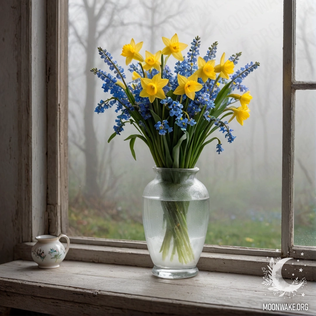 Старый обшарпанный подоконник, на котором белая фарфоровая ваза с нарциссами и незабудками, окутанный густым туманом.