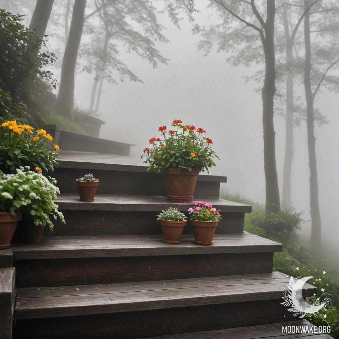 Спокойная деревянная лестница, украшенная цветочными горшками, затянутая густым туманом.