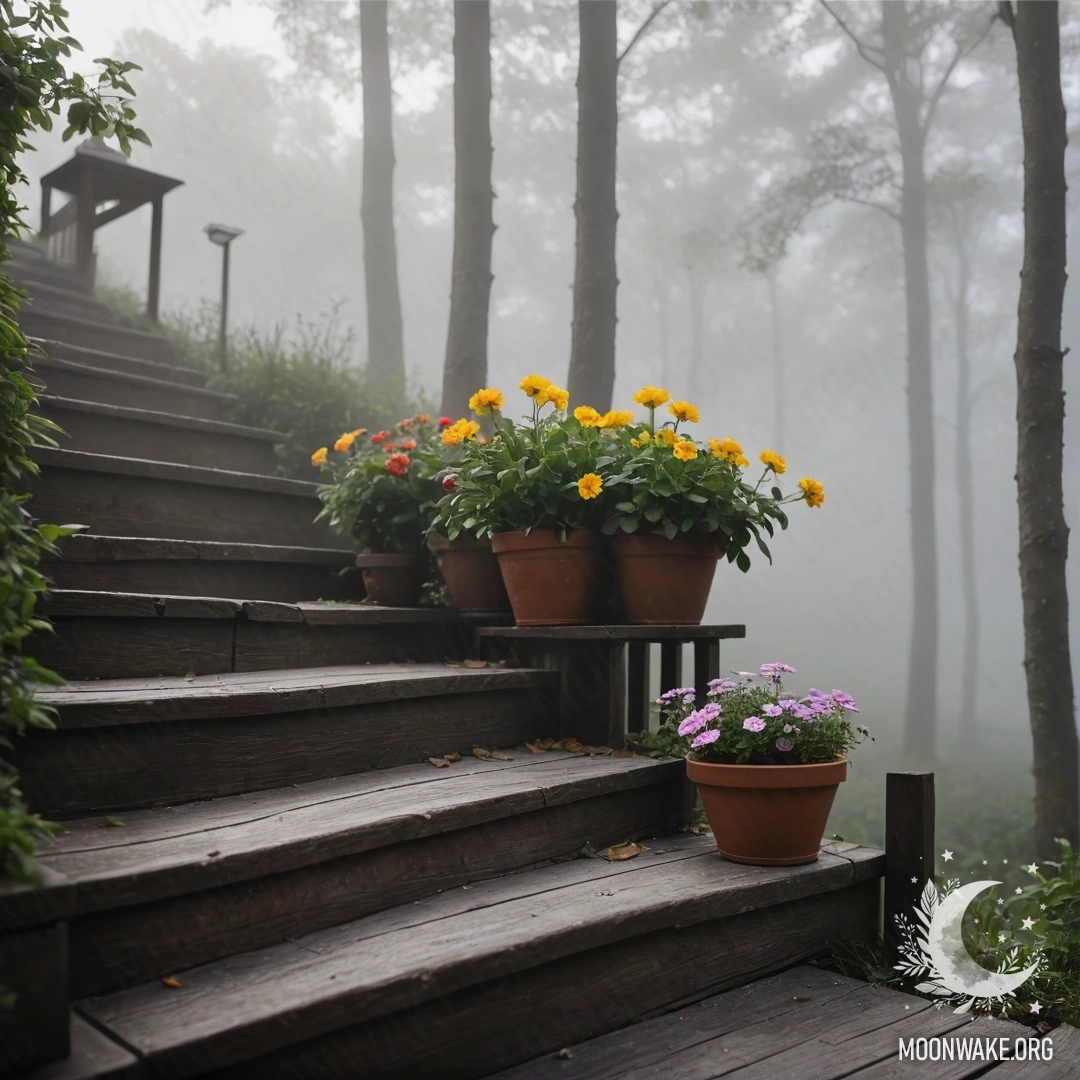 Спокойная деревянная лестница, украшенная цветочными горшками, окутанная густым туманом.