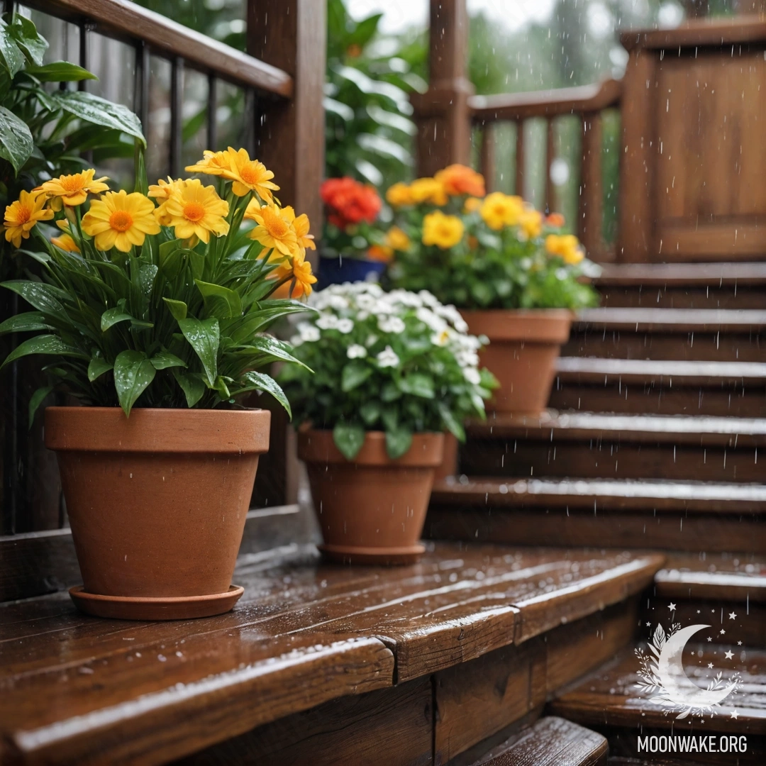 Деревянная лестница, украшенная цветочными горшками, нежно облитая дождем.