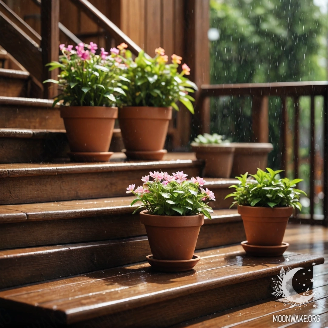 Деревянная лестница, украшаемая цветочными горшками, нежно омываемая дождём.