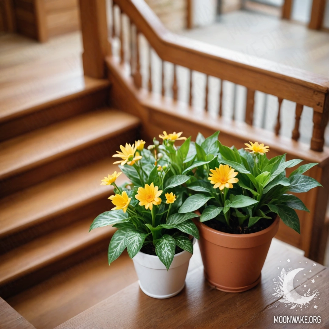 Спокойная деревянная лестница, украшенная цветочными горшками