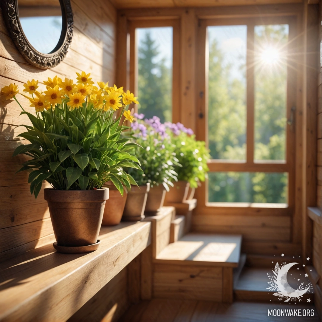 Деревянная лестница, украшенная цветочными горшками, залитыми солнечным светом.