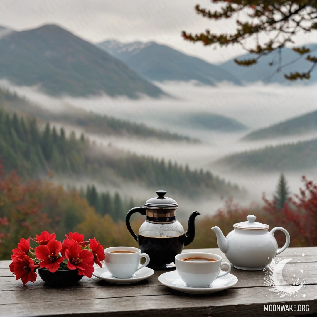 Спокойный деревянный стол на фоне туманных гор, на столе банка с красными цветами, кофейник и чашки.
