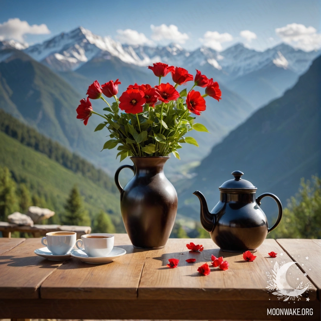 Деревянный стол, украшенный банкой с красными цветами, кофейником и чашками, на фоне величественных гор.