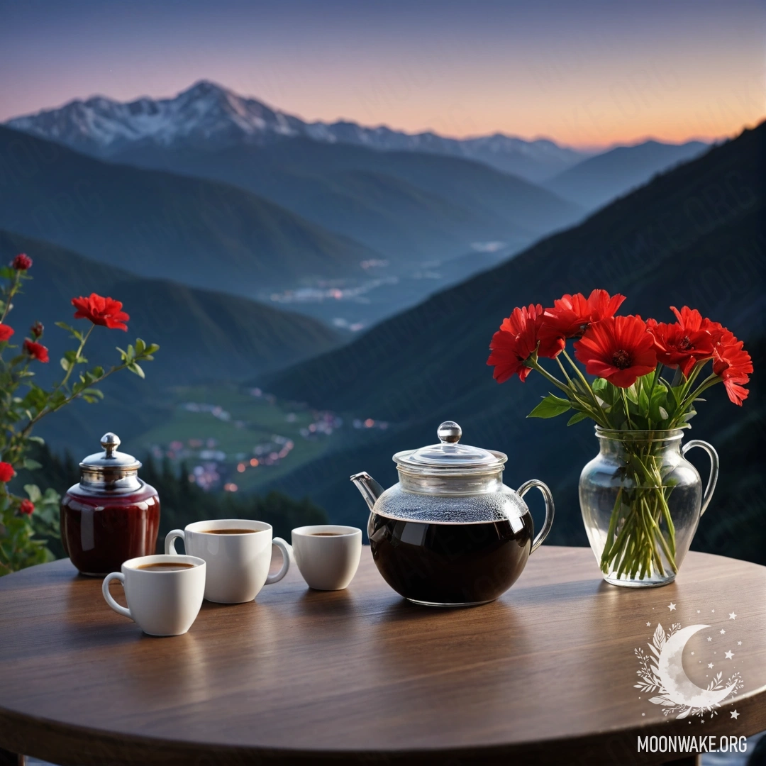 Деревянный стол с банкой красных цветов, кофейником и чашками на фоне гор ночью.