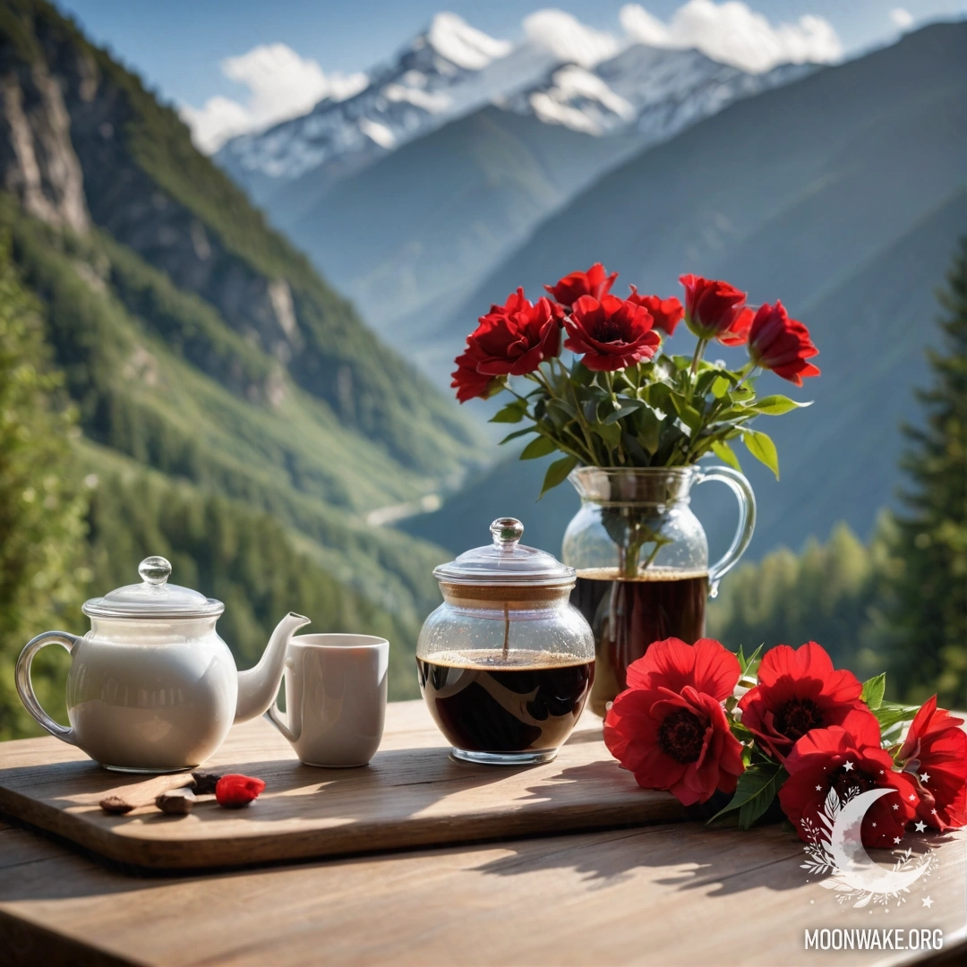 Деревянный стол на фоне величественных гор, украшенный красными цветами, кофейником и чашками, освещённый мягким гирляндным светом.