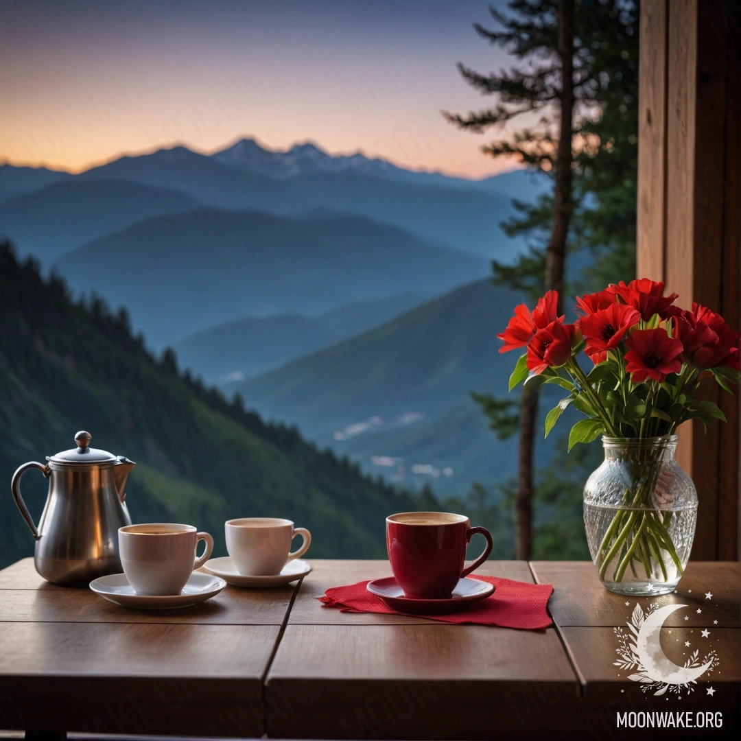 Спокойный деревянный стол с банкой красных цветов, кофейником и чашками ночью на фоне гор.