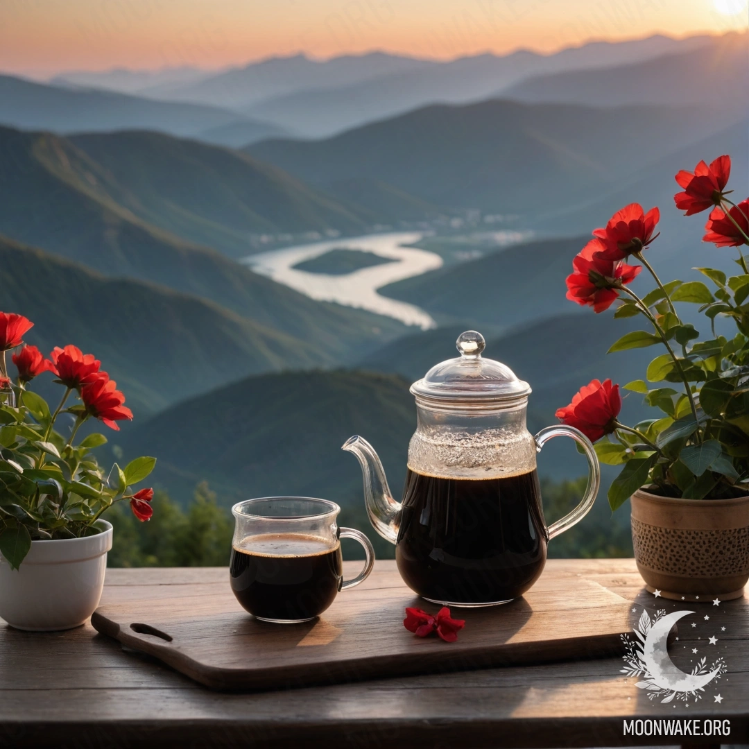 Деревянный стол на фоне гор, на котором стоят банка с красными цветами, кофейник и чашки на закате.