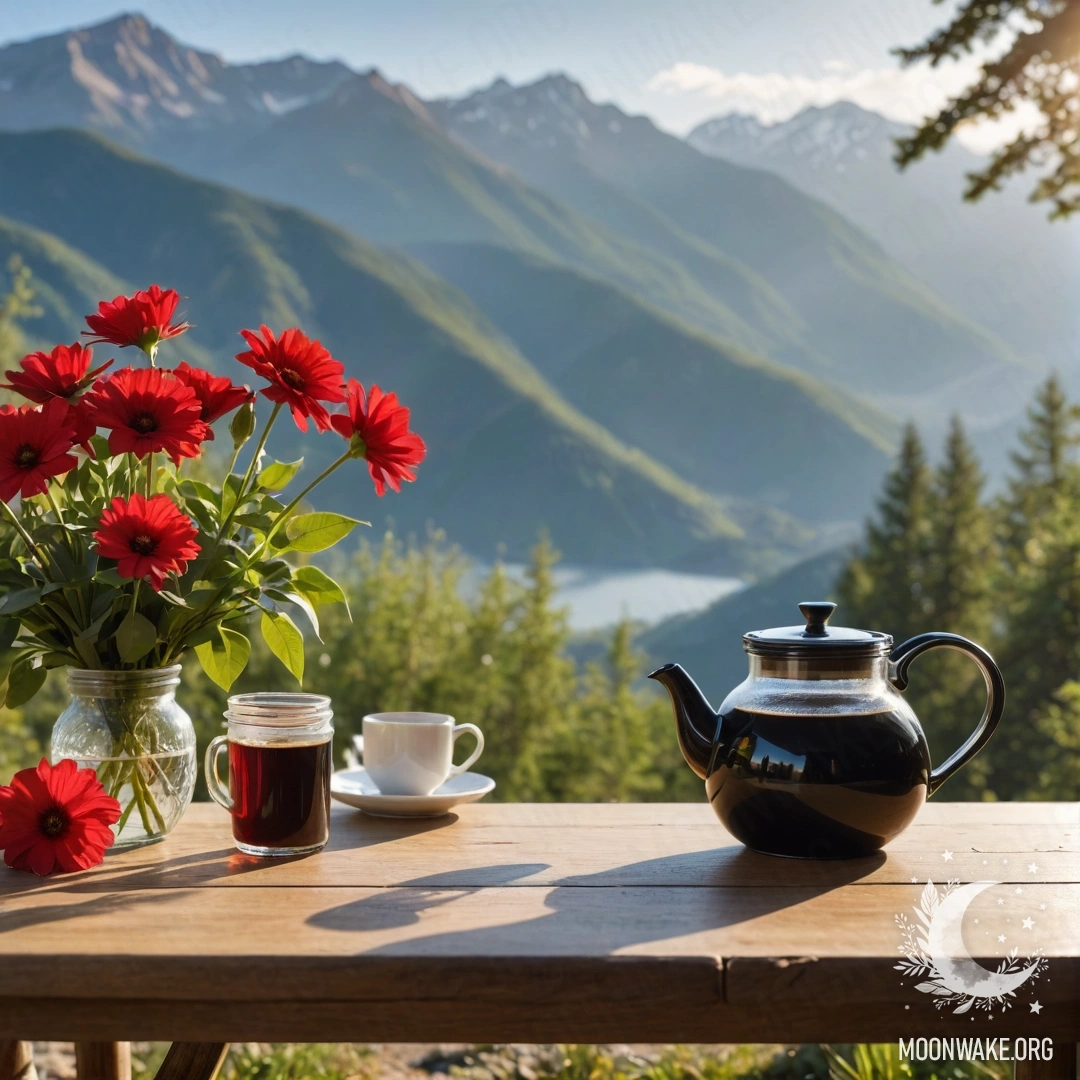 Спокойный деревянный стол на фоне величественных гор, с банкой красных цветов и кофейником с чашками, освещёнными солнечными лучами.