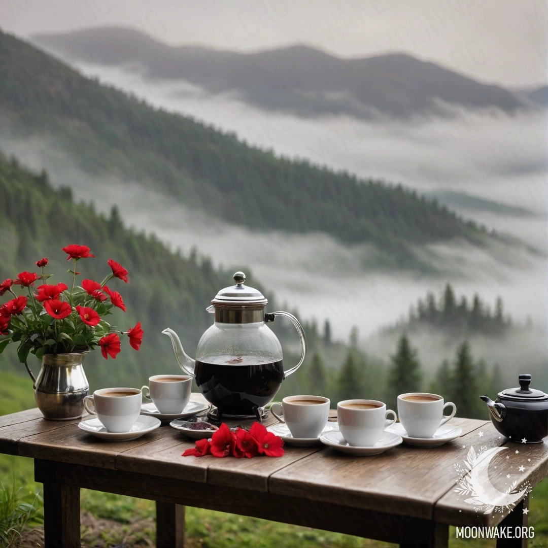 Спокойный деревянный стол с банкой красных цветов, кофейником и чашками на фоне туманных гор.
