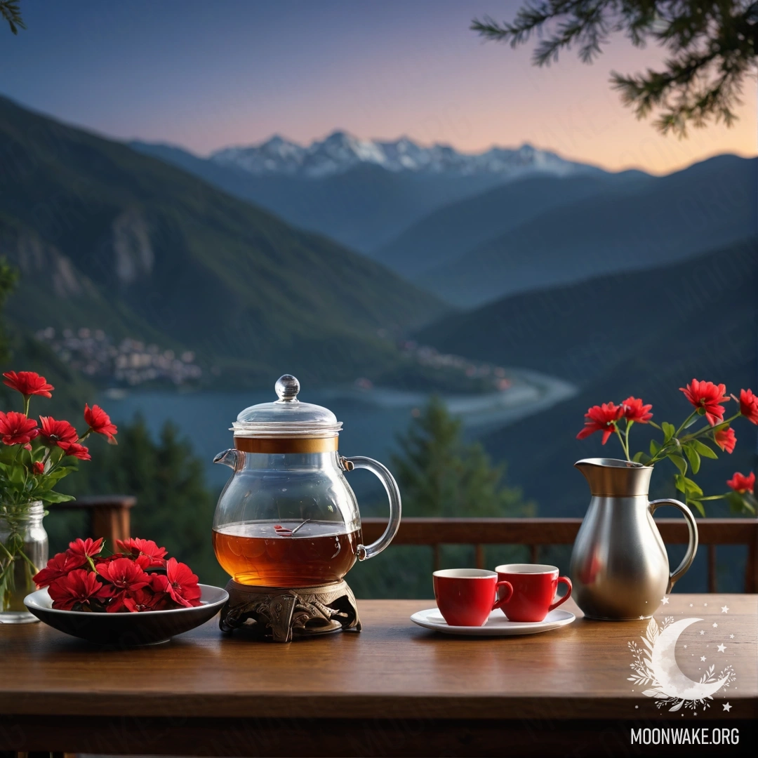 Спокойный деревянный стол на фоне величественных гор в ночи, на котором находятся банка с красными цветами, кофейник и чашки.