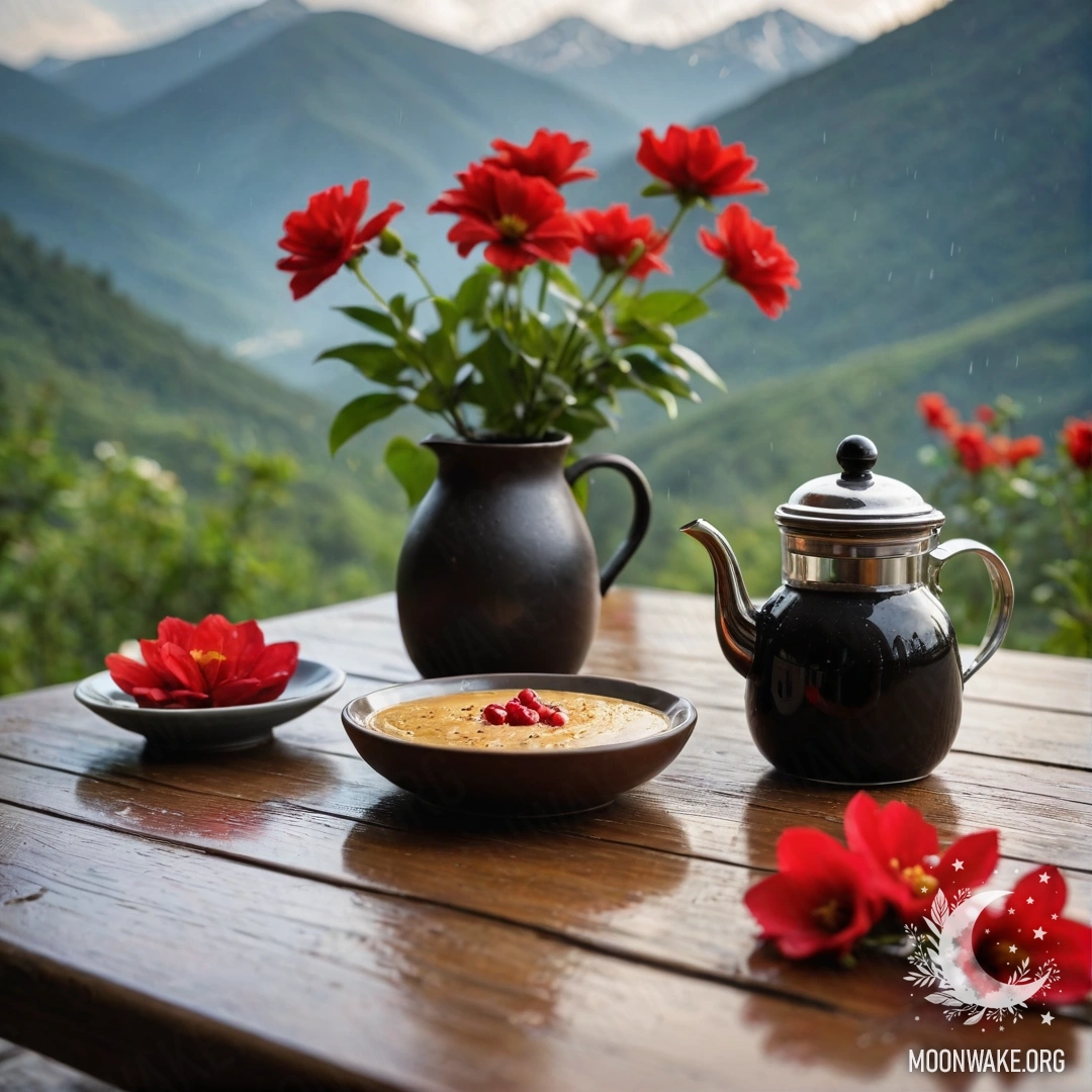 Спокойный деревянный стол на фоне величественных гор с банкой красных цветов, кофейником и чашками под дождем.