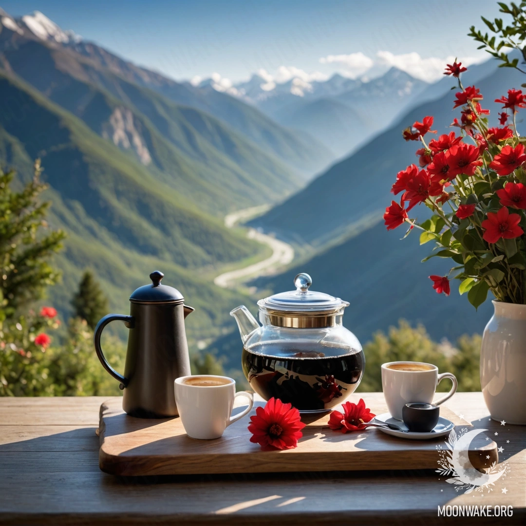Спокойный деревянный стол, украшенный красными цветами, кофейником и чашками, на фоне живописных гор.
