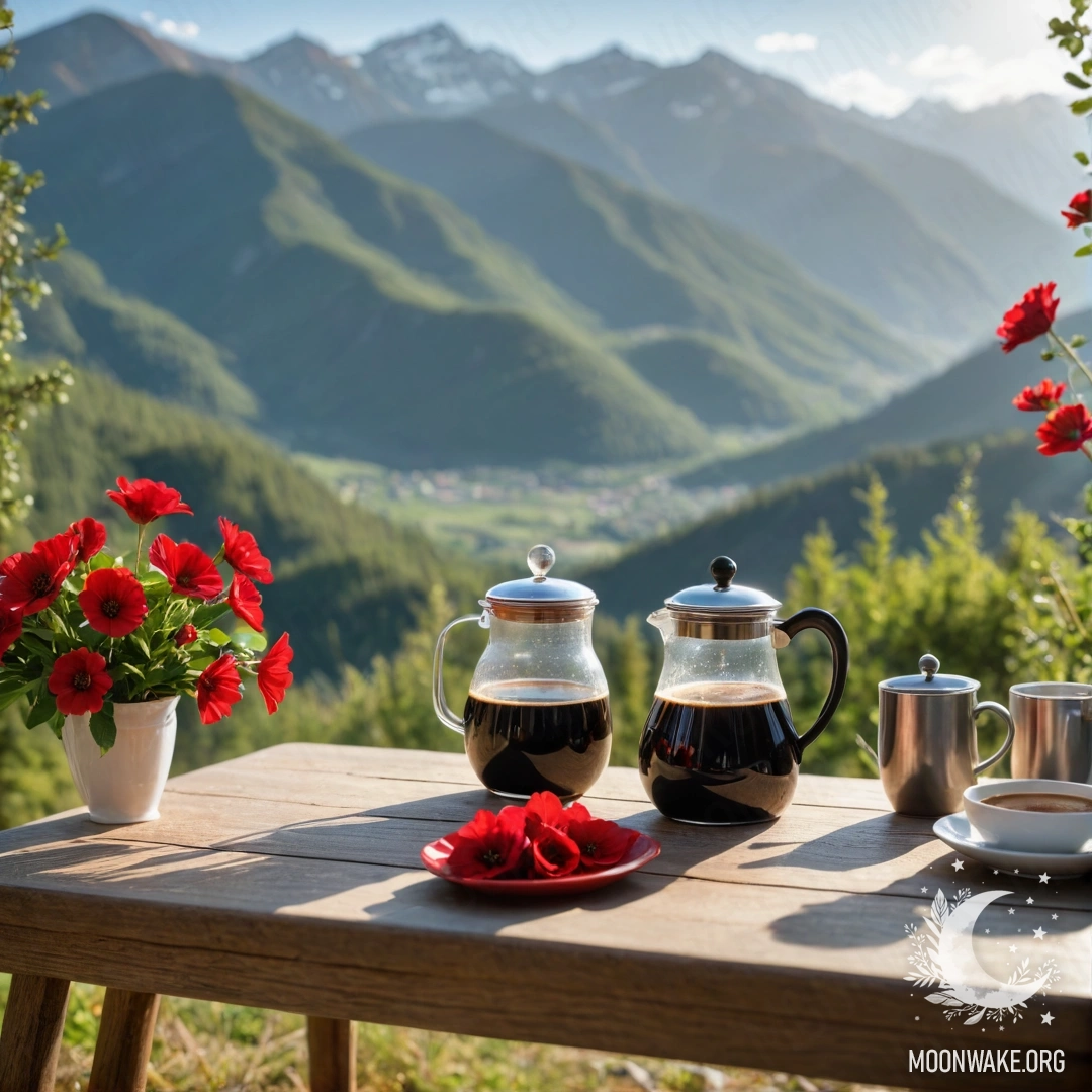 Спокойный деревянный стол с банкой красных цветов, кофейником и чашками на фоне гор.